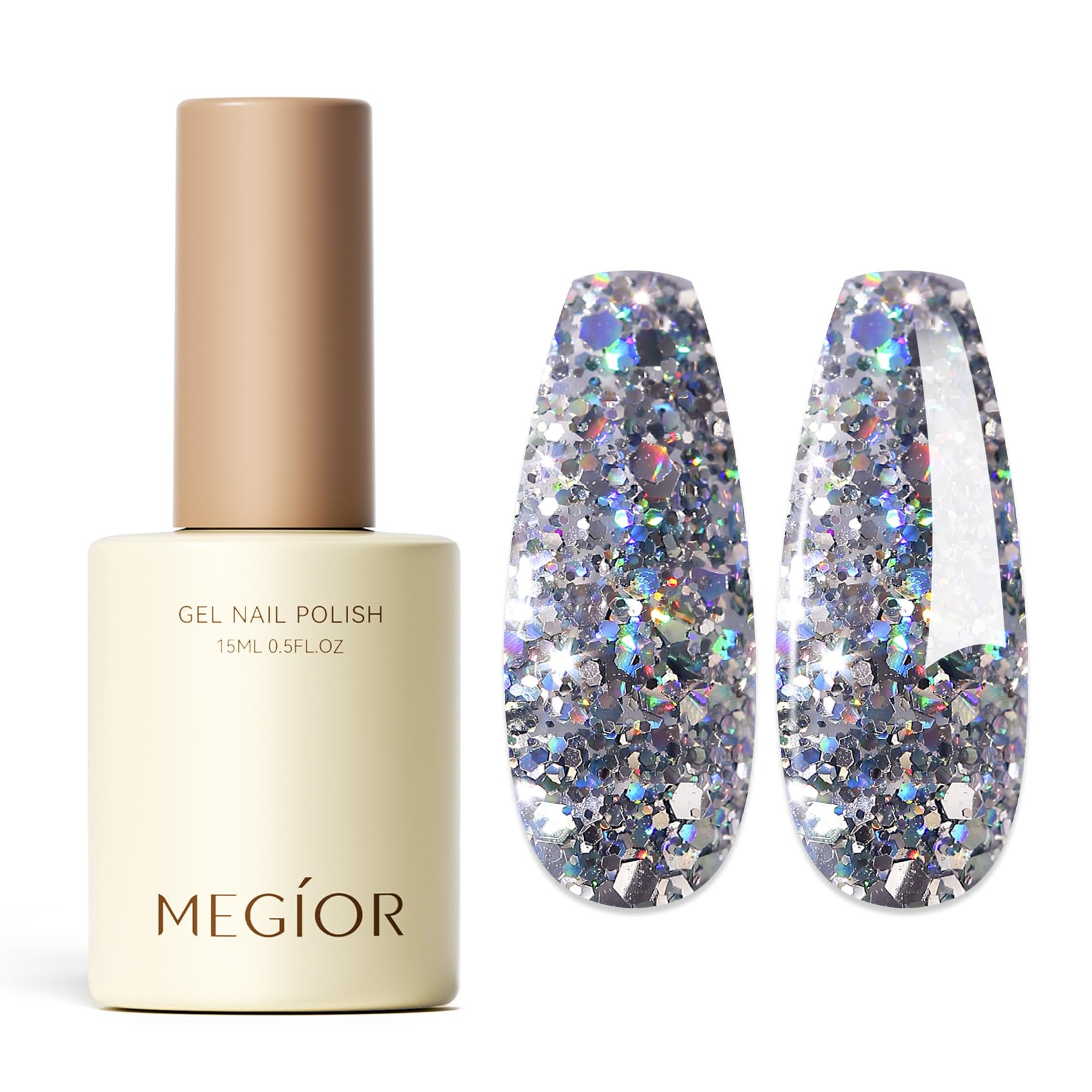 MEGIOR front bottle showing silver glitter polish and label, easy identification benefit