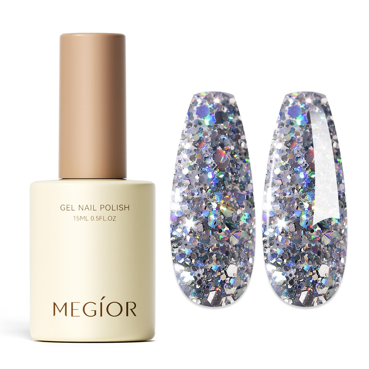 MEGIOR front bottle showing silver glitter polish and label, easy identification benefit