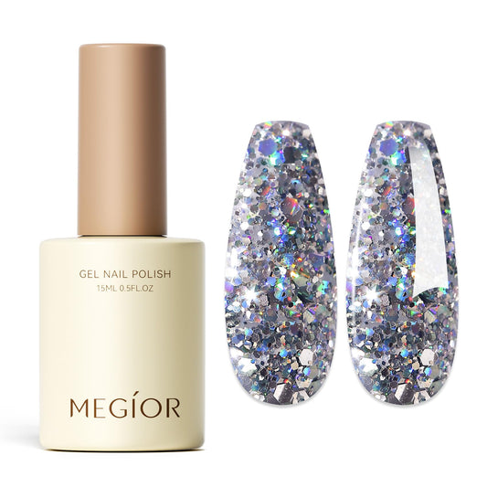MEGIOR front bottle showing silver glitter polish and label, easy identification benefit