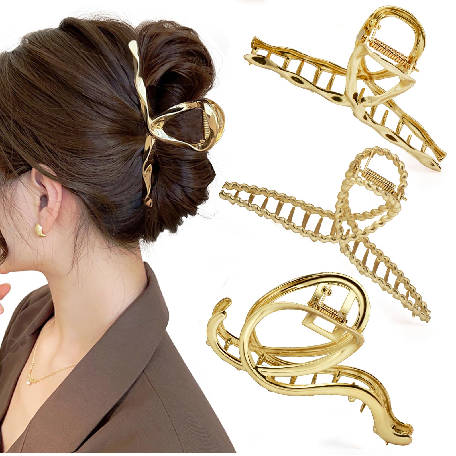 Mehayi front view of three metal claw clips showing elegant finish and secure hold