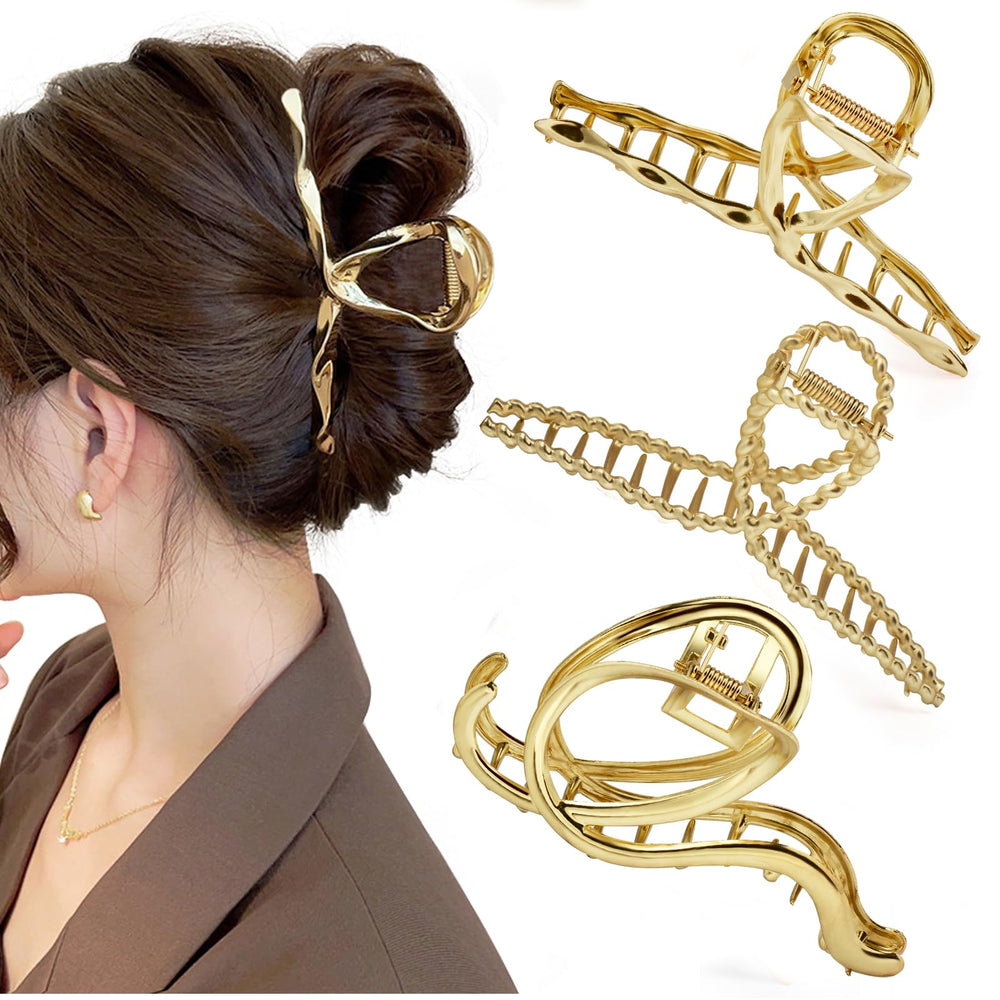 Mehayi front view of three metal claw clips showing elegant finish and secure hold