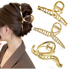 Mehayi front view of three metal claw clips showing elegant finish and secure hold