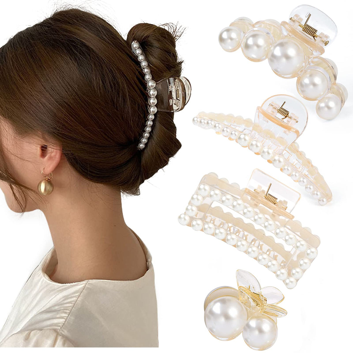Mehayi front view of four pearl claw clips showing elegant design and firm hold