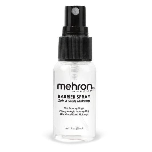 Mehron Barrier Spray front bottle showing compact travel-friendly packaging and durability benefit