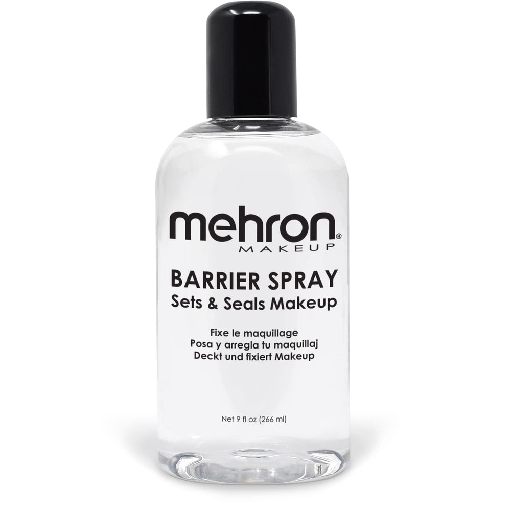 Mehron Barrier Spray front bottle view showing product and volume benefits