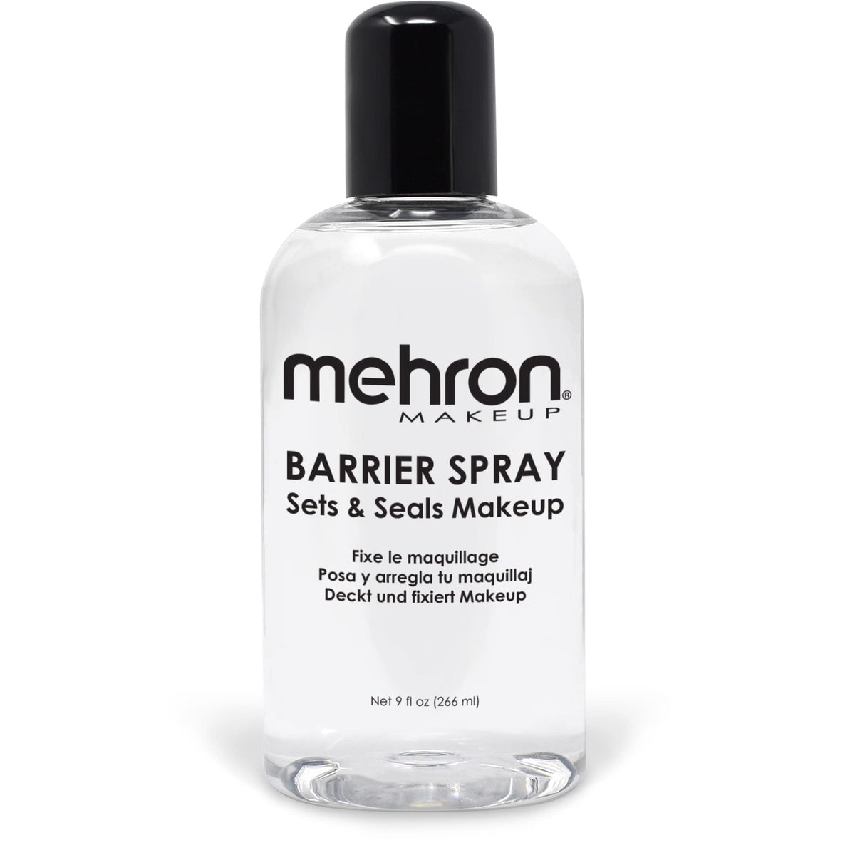 Mehron Barrier Spray front bottle view showing product and volume benefits
