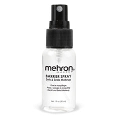 Mehron Barrier Spray front bottle showing compact travel-friendly packaging and durability benefit