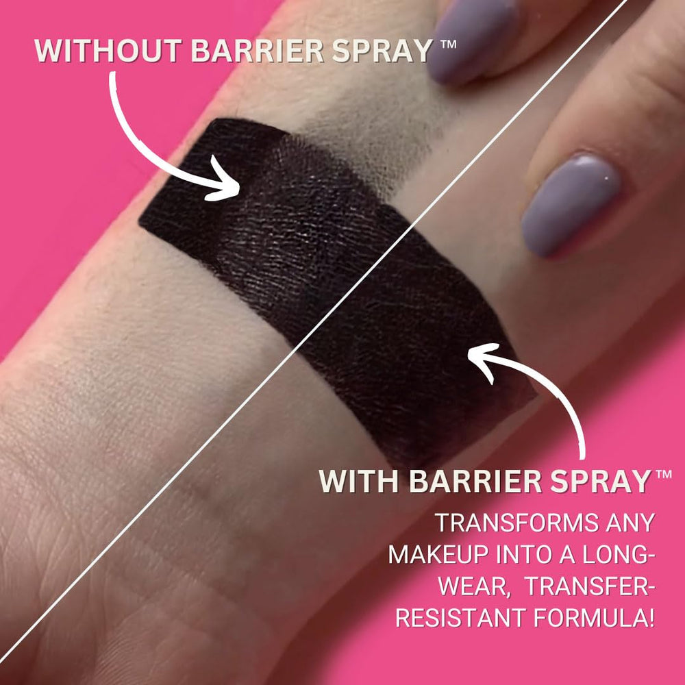 Mehron Barrier Spray mist being applied to model providing stage-ready, transfer-resistant finish benefit