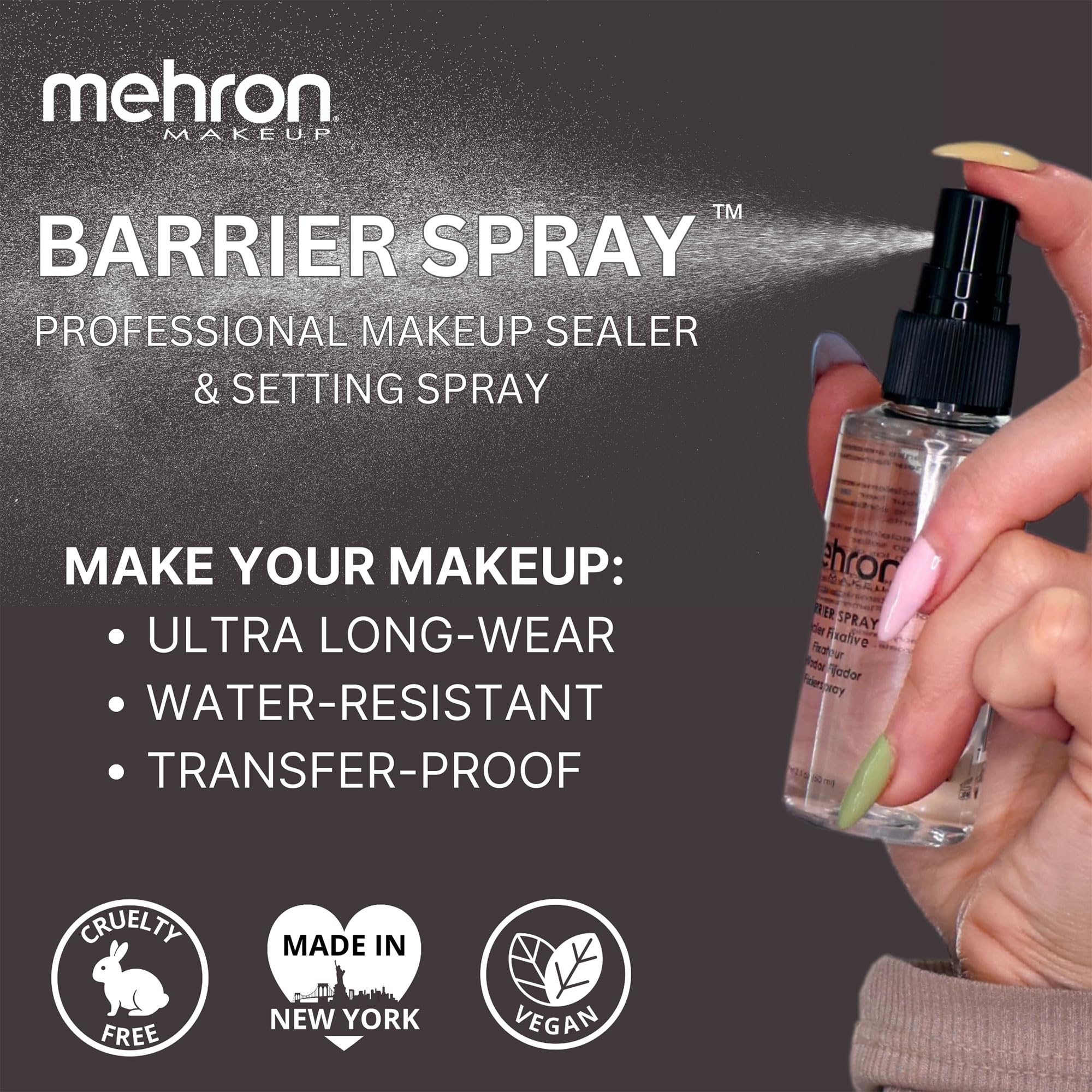 Mehron Barrier Spray beside a makeup kit highlighting professional backstage readiness benefit