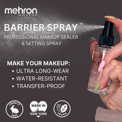 Mehron Barrier Spray next to a ruler showing 9 fl oz size advantage