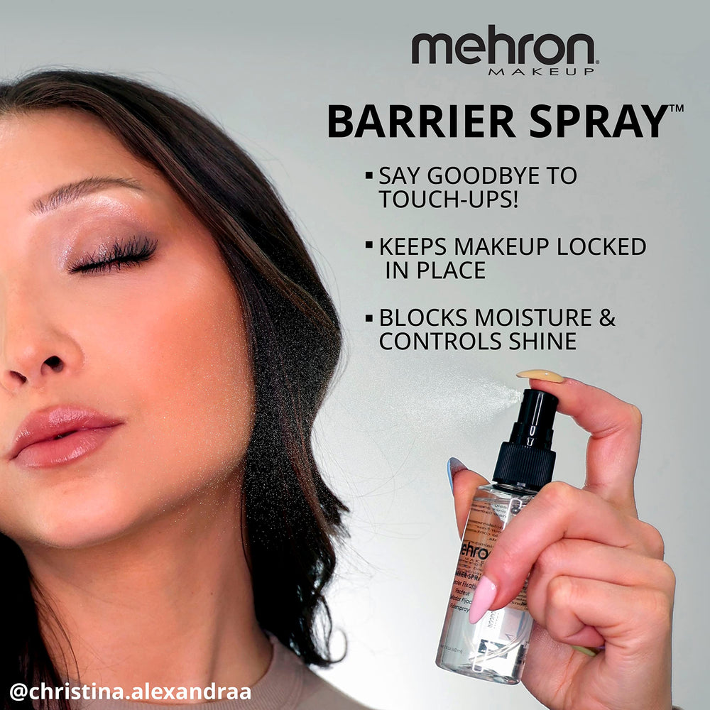 Mehron Barrier Spray texture on hand showing lightweight finish and non-sticky protection benefit