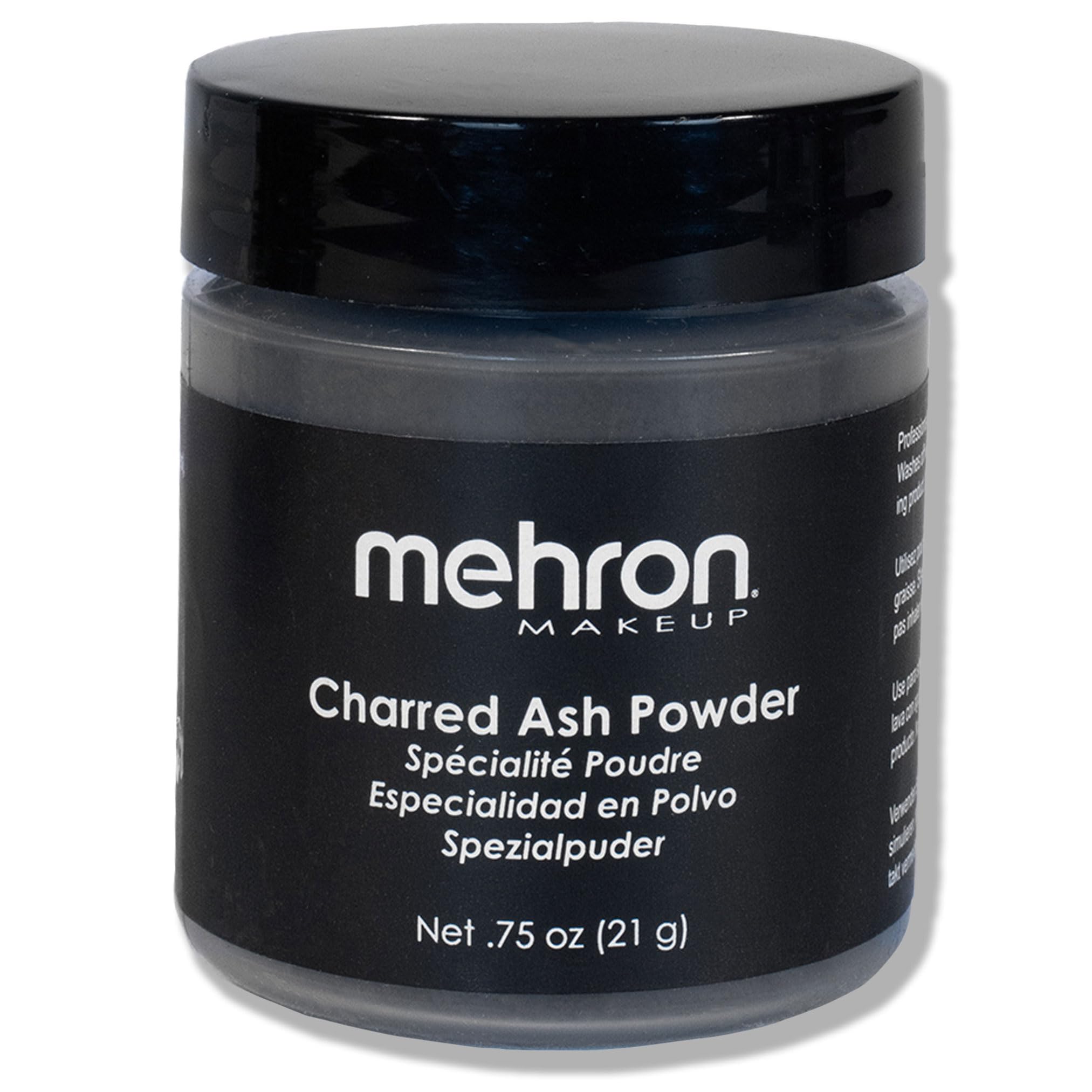 Mehron jar of Charred Ash powder front view showing product label and size benefit