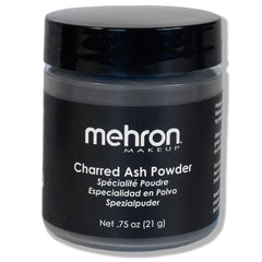 Mehron jar of Charred Ash powder front view showing product label and size benefit