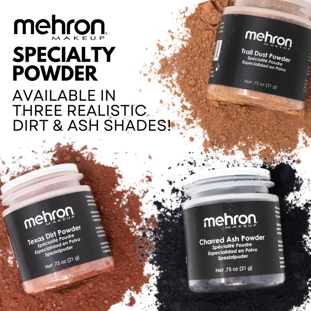 Mehron Charred Ash beside a ruler showing .75 oz scale and travel-ready benefit