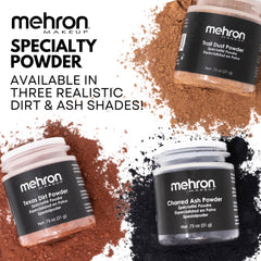Mehron Charred Ash beside a ruler showing .75 oz scale and travel-ready benefit