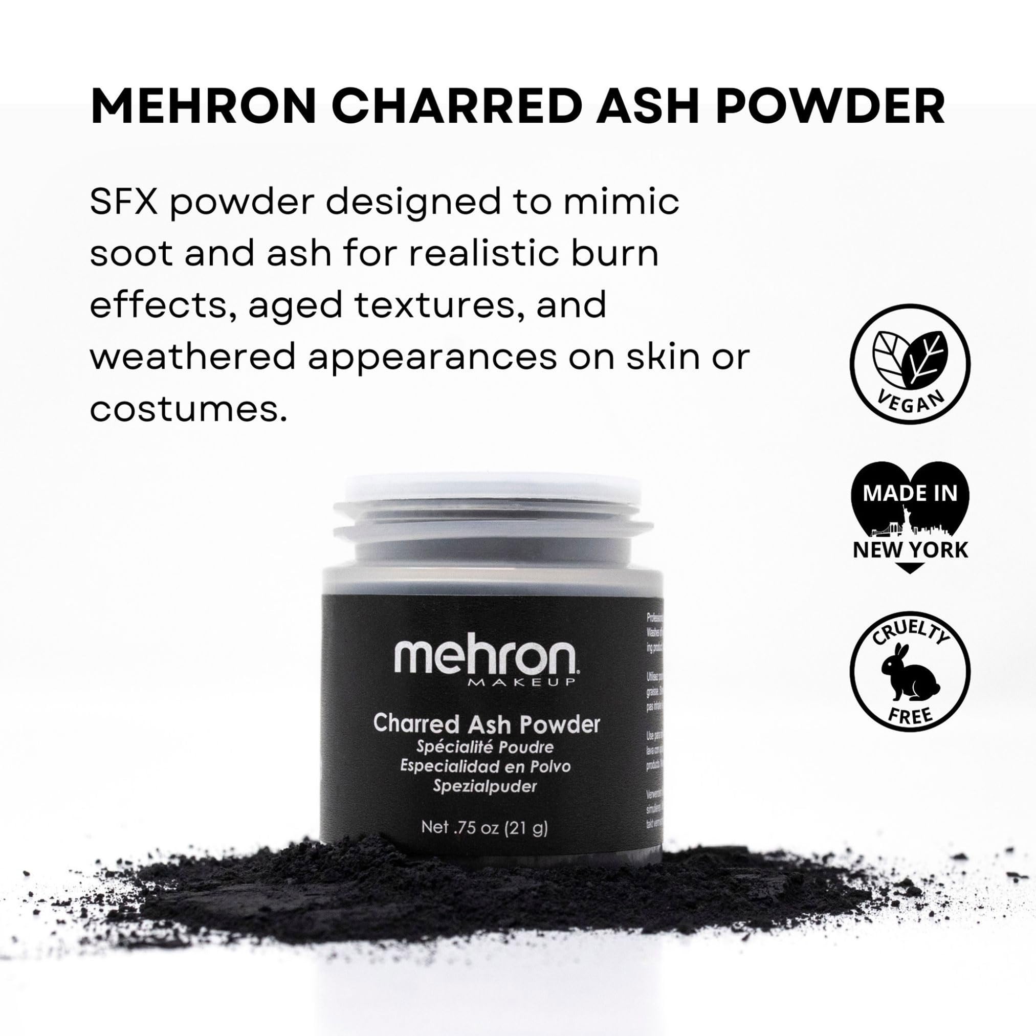 Close-up of Mehron powder texture revealing ultrafine, clump-free particles benefit