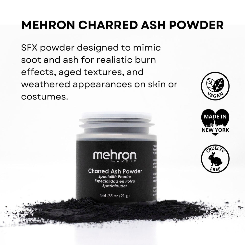 Close-up of Mehron powder texture revealing ultrafine, clump-free particles benefit