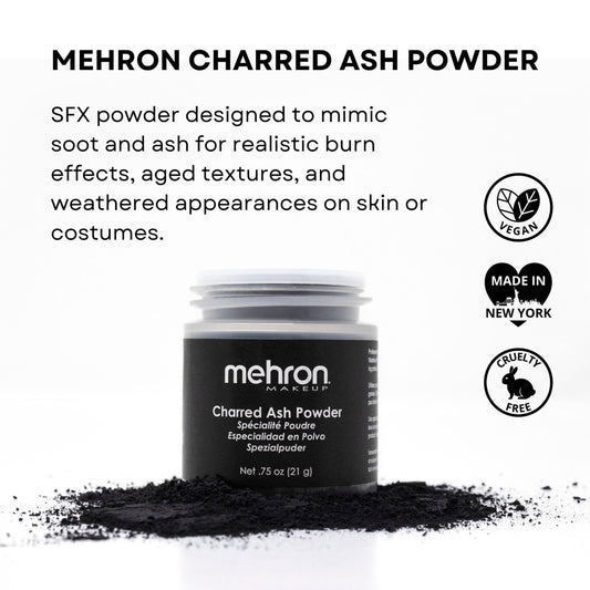 Close-up of Mehron powder texture revealing ultrafine, clump-free particles benefit