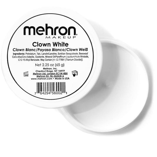 Mehron clown white jar front view showing brand and packaging for professional use