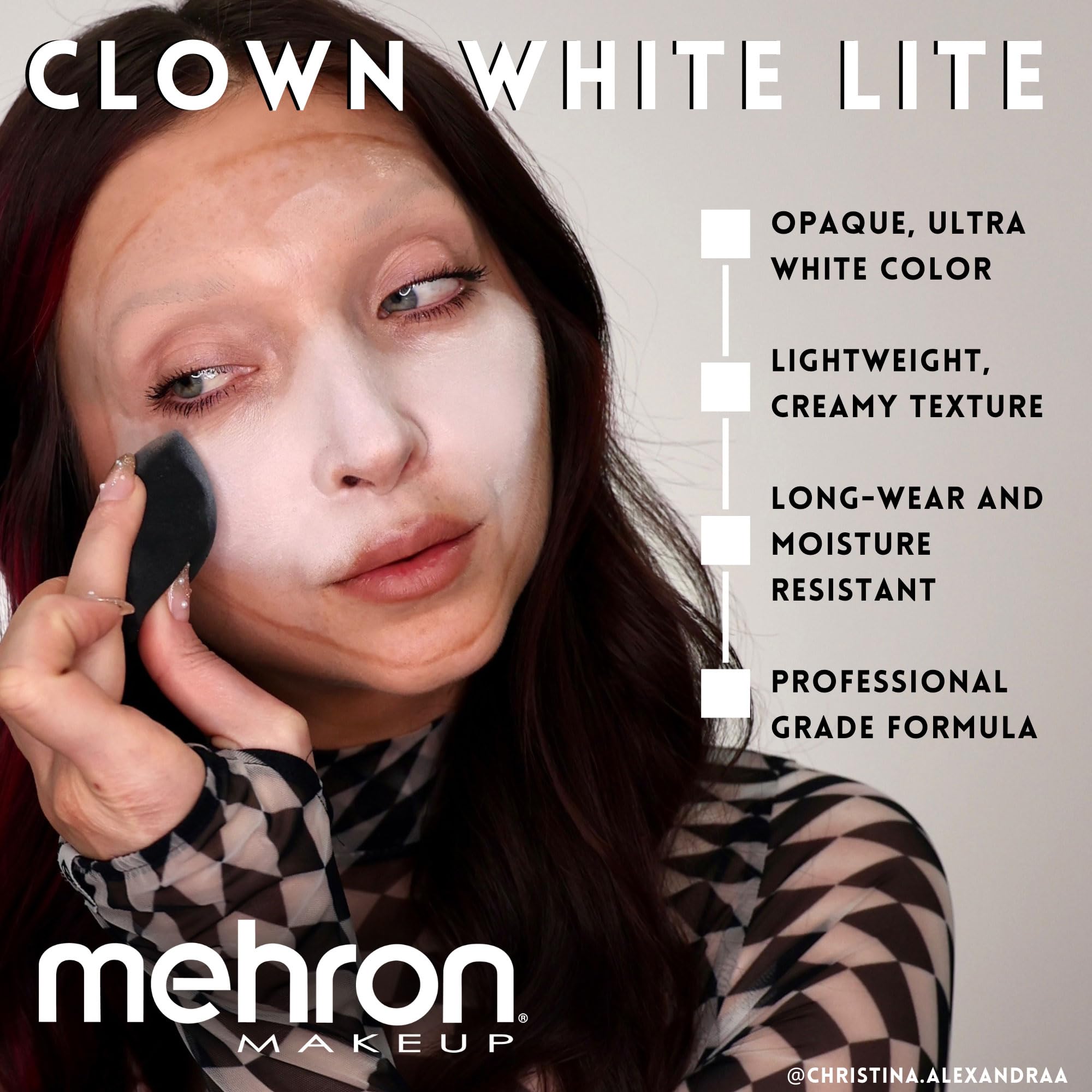 Mehron Clown White Lite before and after on face showing dramatic opaque finish