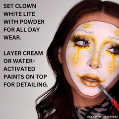 Mehron Clown White Lite close-up on skin showing even, crack-resistant result
