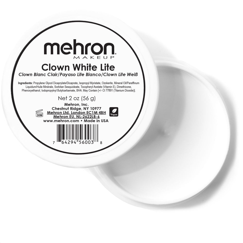 Mehron Clown White Lite front pot showing label and clean packaging benefit