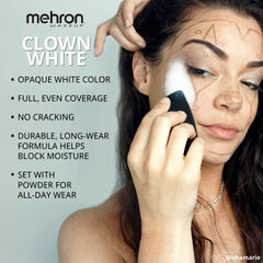 Performer wearing Mehron clown white base illustrating full-stage coverage benefit