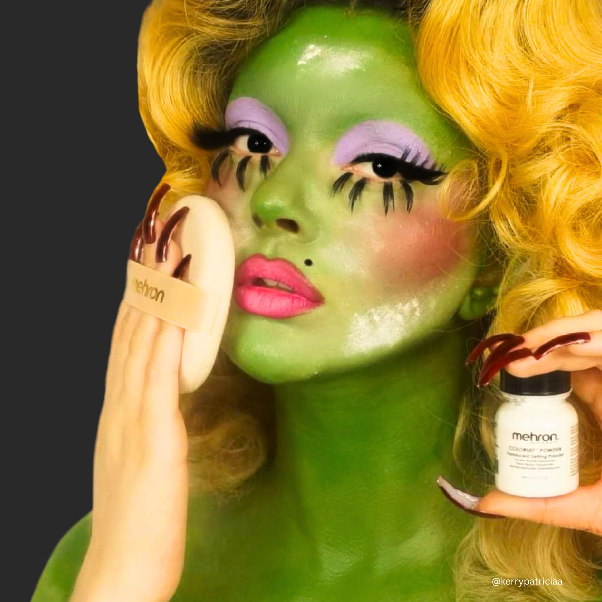Mehron Colorset Powder next to a coin to show 0.5 oz size and portability benefit