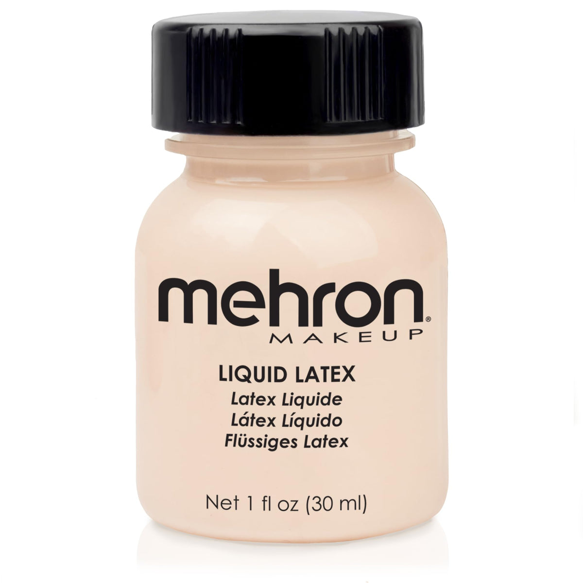 Mehron liquid latex front bottle showing label and Light Flesh shade benefit