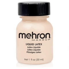 Mehron liquid latex front bottle showing label and Light Flesh shade benefit