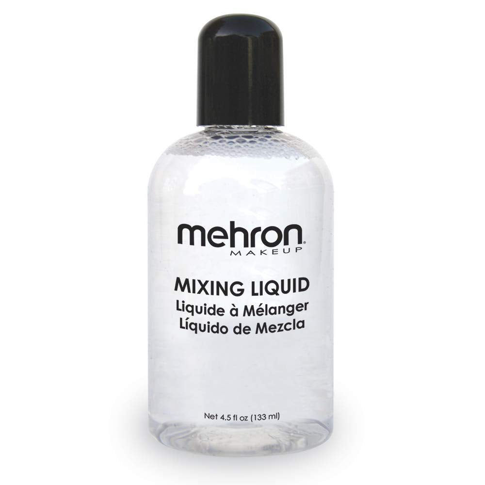 Mehron Mixing Liquid front bottle showing clear liquid and label, useful for consistent mixing