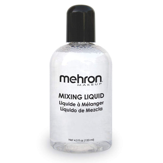 Mehron Mixing Liquid front bottle showing clear liquid and label, useful for consistent mixing