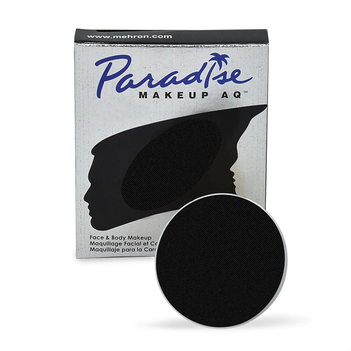 Mehron Paradise black refill front pan showing solid matte pigment for crisp coverage