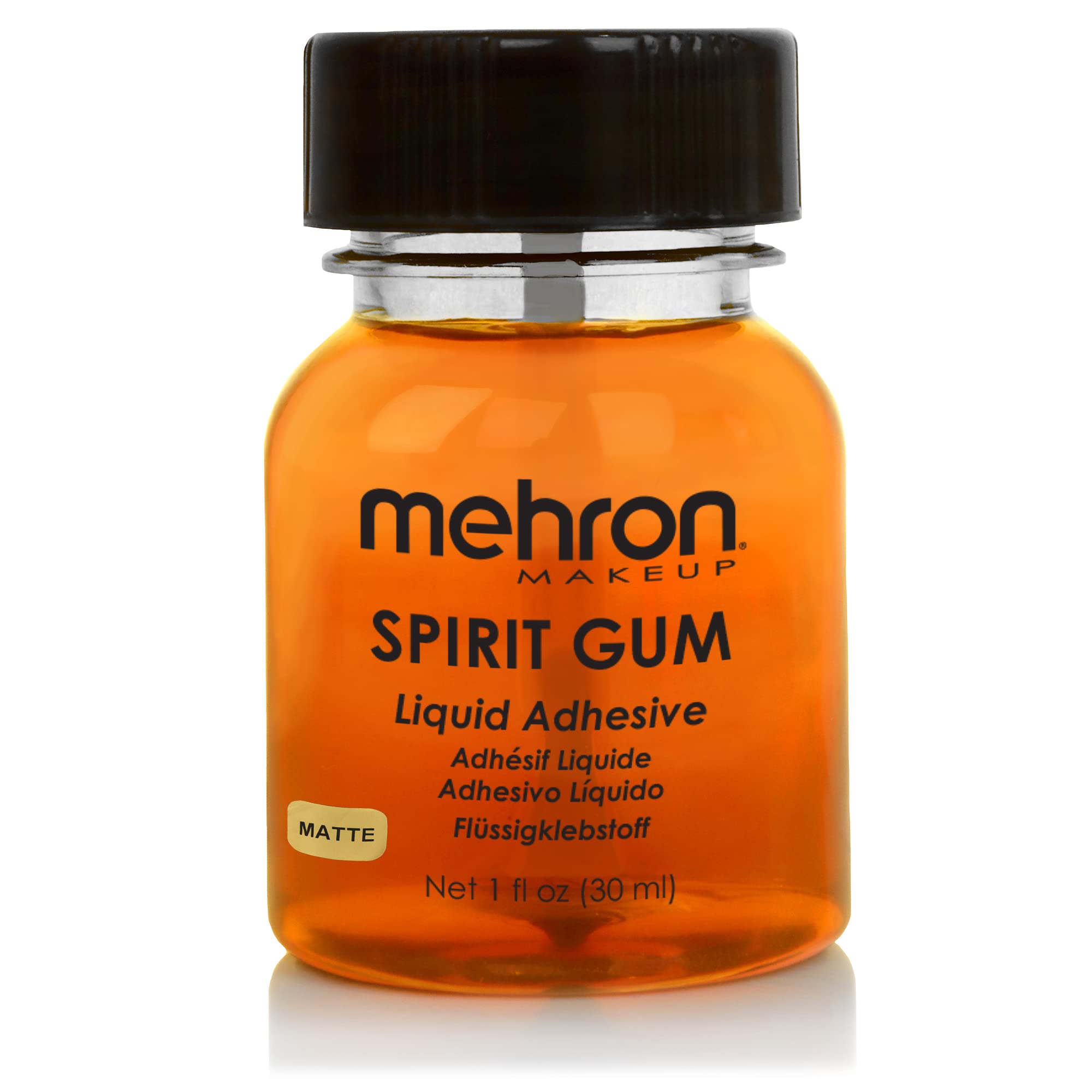Mehron spirit gum front bottle showing label for easy identification and pro-grade adhesive