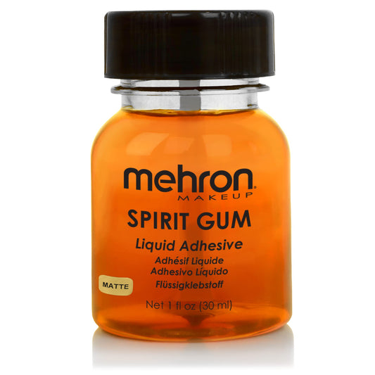 Mehron spirit gum front bottle showing label for easy identification and pro-grade adhesive