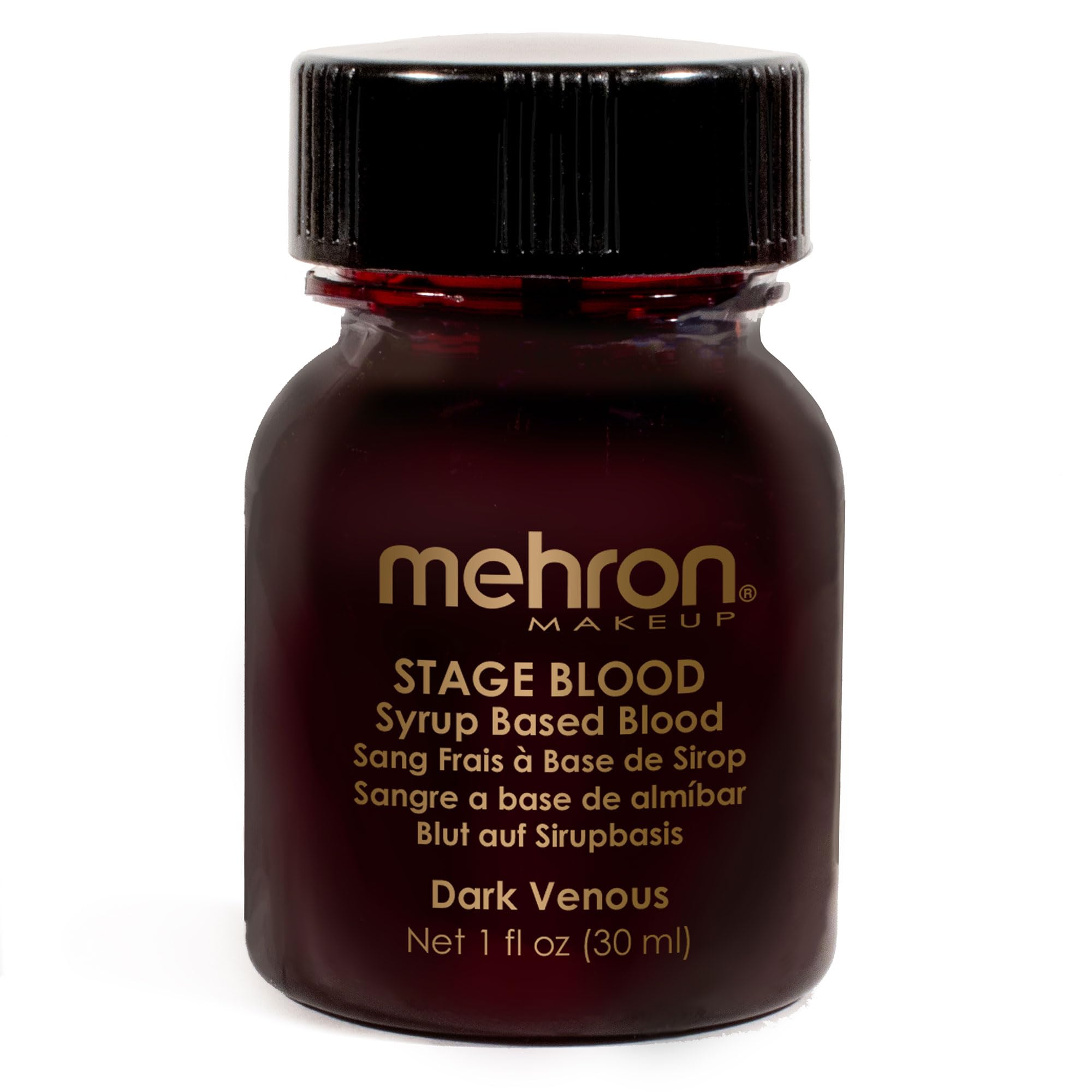 Mehron Stage Blood front bottle showing label and size, reliable professional product