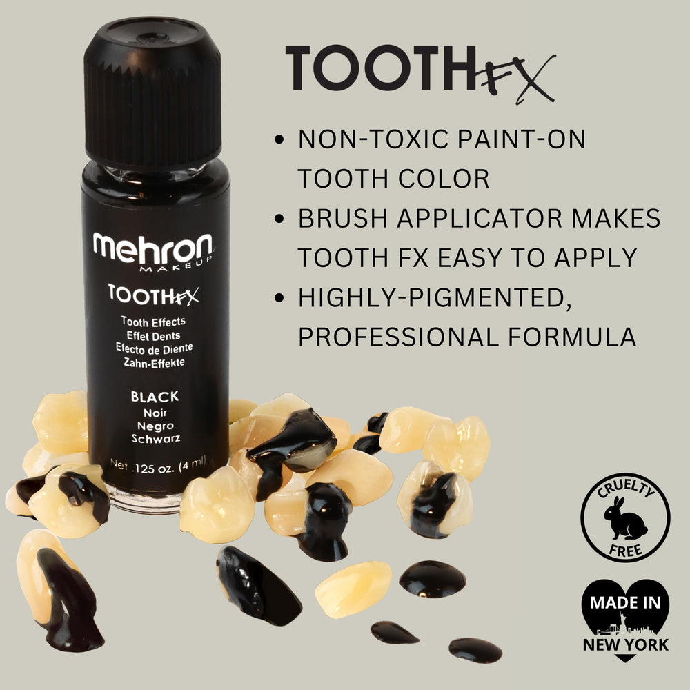 Mehron Tooth FX Black applied on model demonstrating blackout teeth benefit