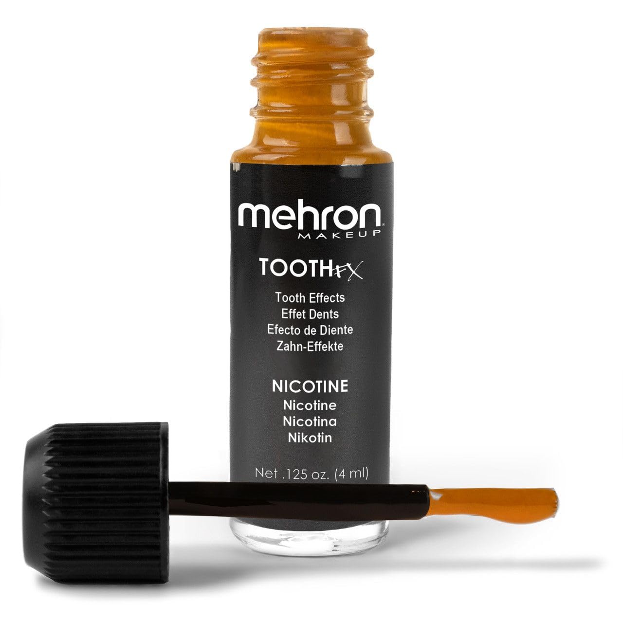 Mehron Tooth FX bottle front showing nicotine yellow color and label benefit