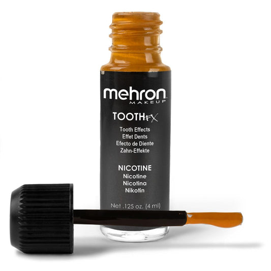 Mehron Tooth FX bottle front showing nicotine yellow color and label benefit