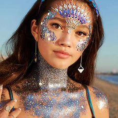 MEICOLY applied to cheek demonstrating festival-ready sparkle and easy on-skin hold
