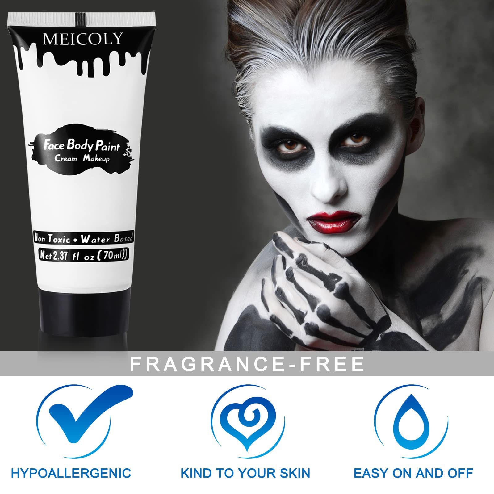 MEICOLY applied with sponge demonstrating fast full-coverage base for face paint
