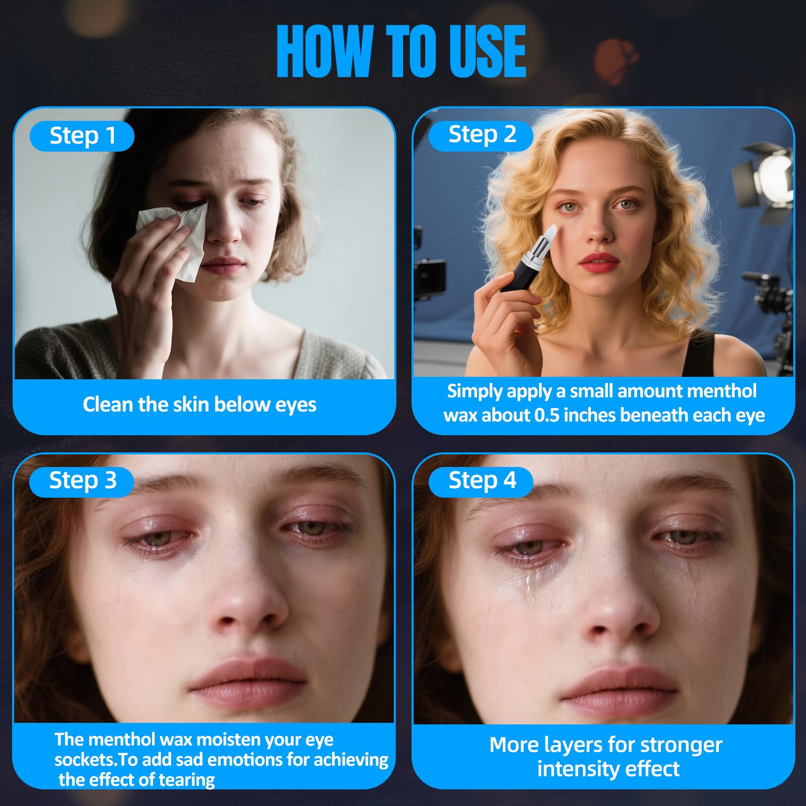 MEICOLY application under eye demo illustrates quick on-cue tear effect
