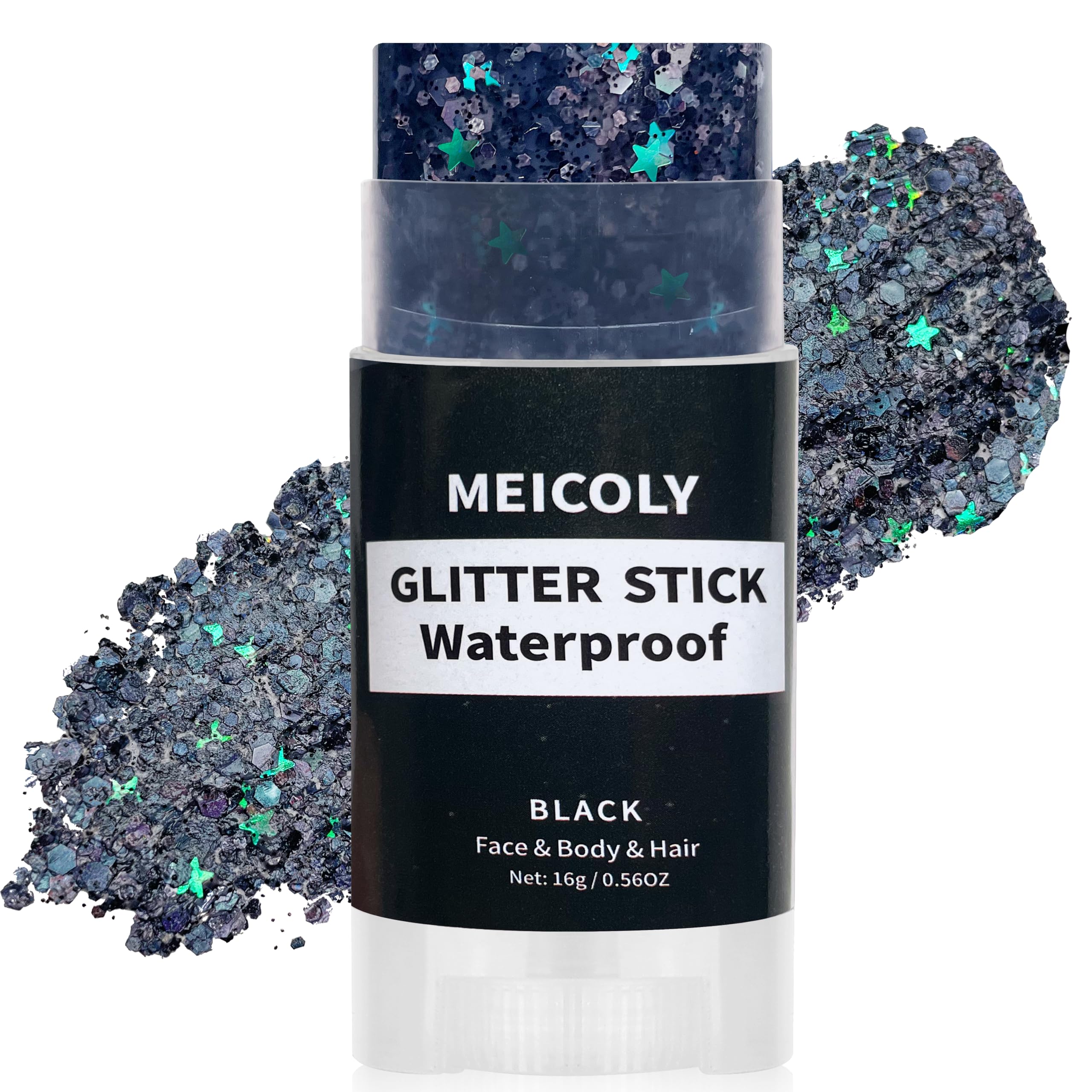 MEICOLY black glitter stick front packaging showing compact travel-ready design and bold branding