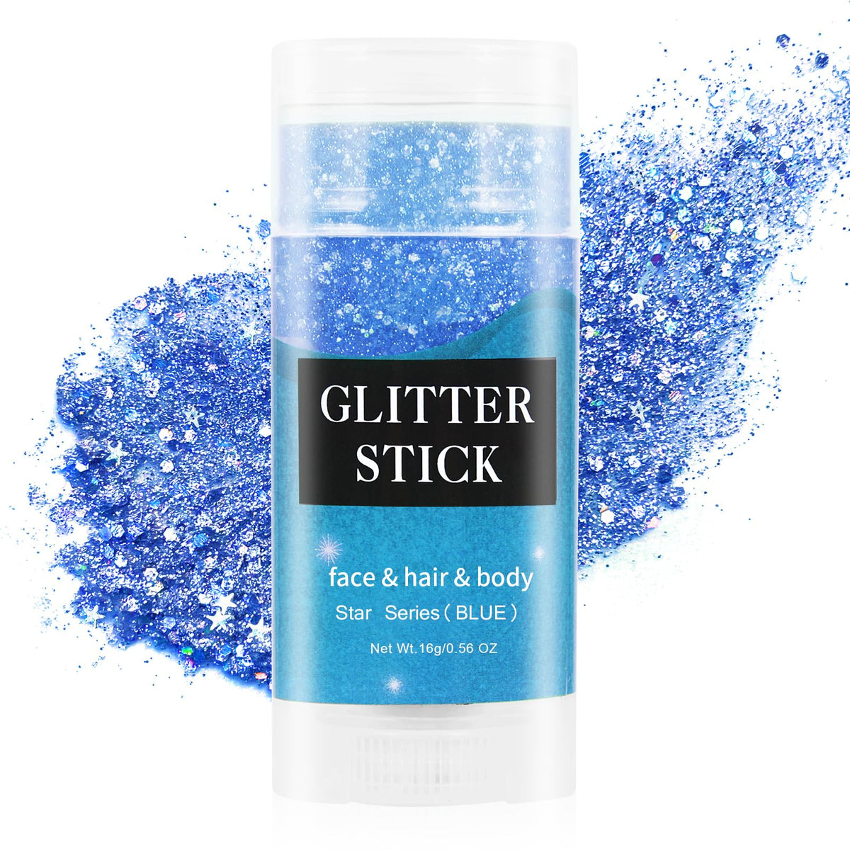 MEICOLY blue glitter stick front view showing compact tube and color pop