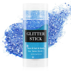 MEICOLY blue glitter stick front view showing compact tube and color pop