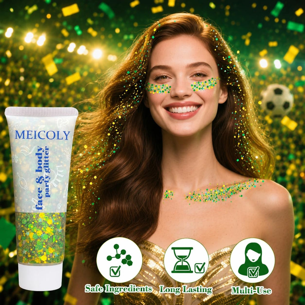 MEICOLY glitter on shoulder in party outfit delivering eye-catching shimmer
