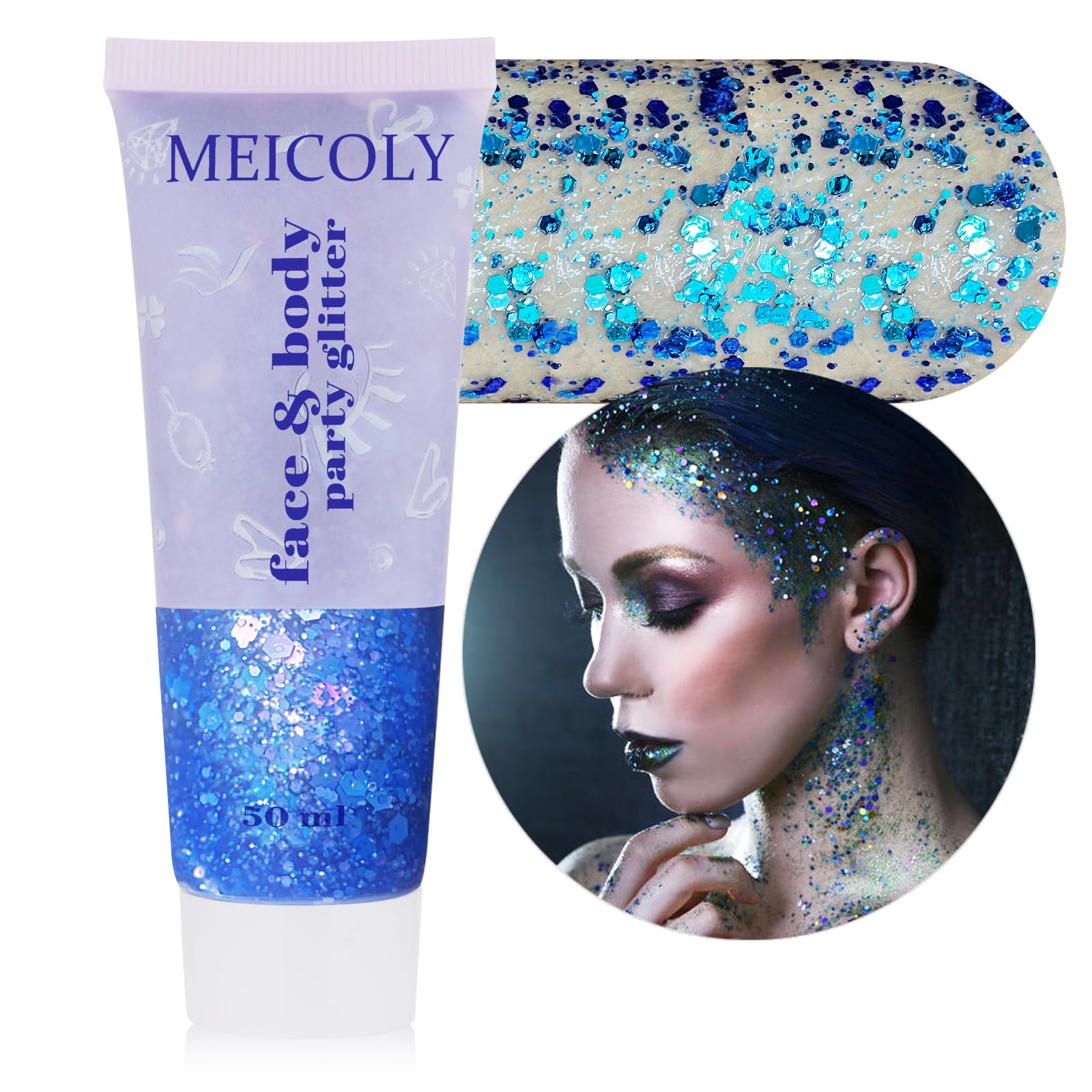 MEICOLY tube front view showing branding and blue holographic gel benefit shine