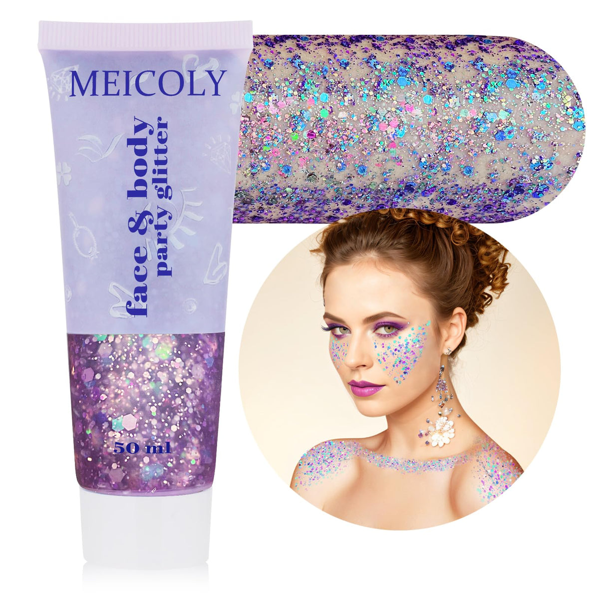 MEICOLY front tube displaying purple chameleon glitter gel, vivid festival-ready shine
