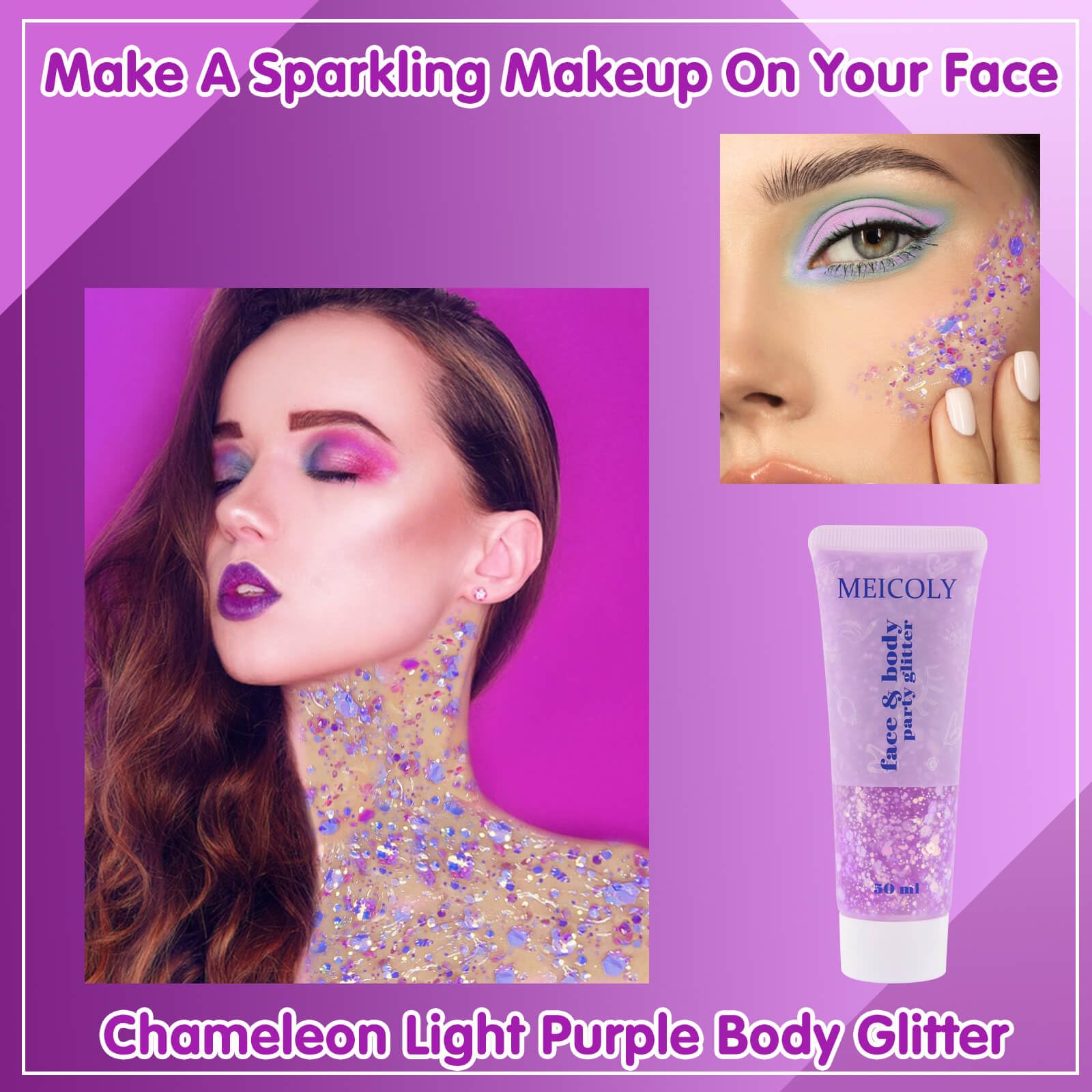 MEICOLY close-up of chunky chameleon glitter texture highlighting multicolor sparkle