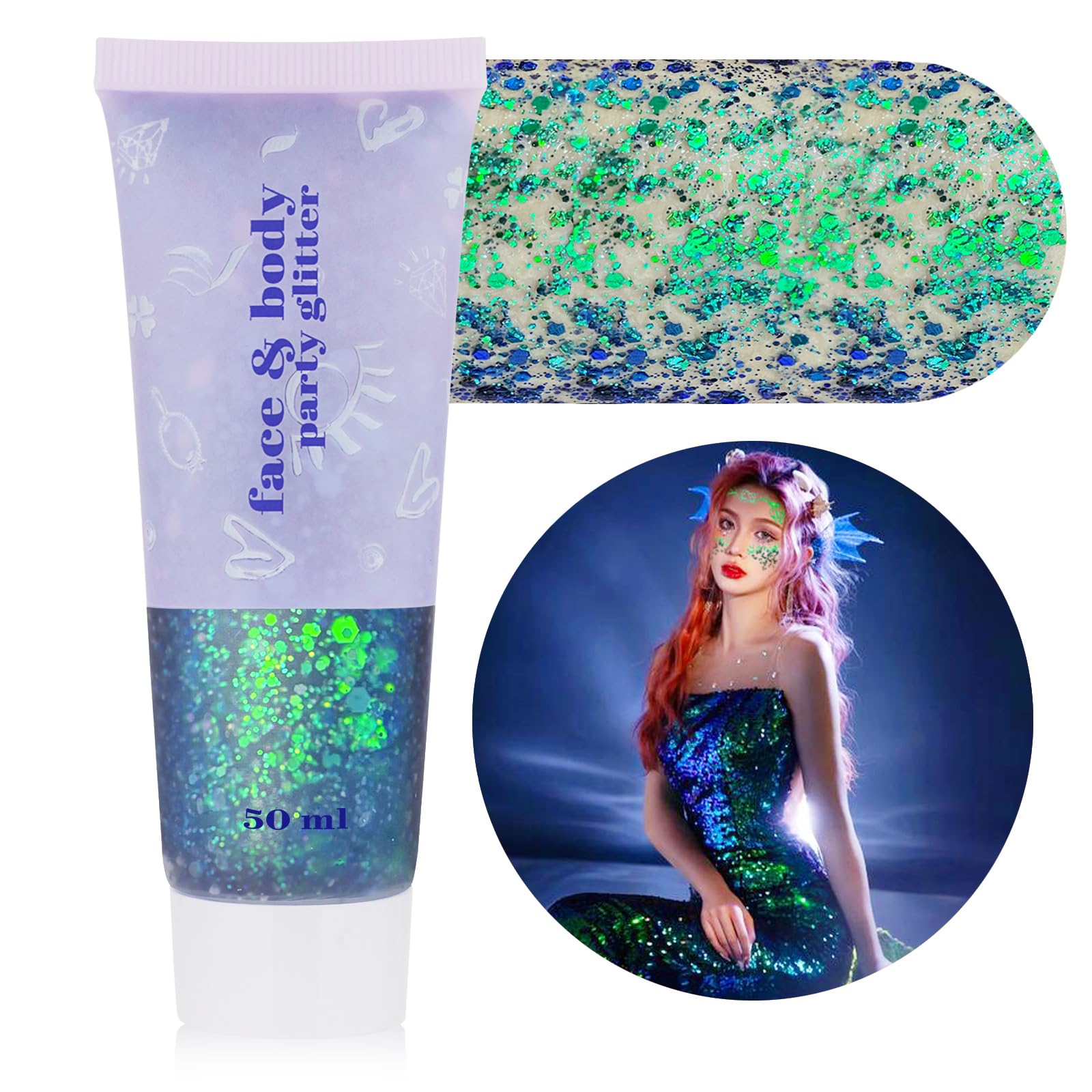 MEICOLY tube front view showing compact glitter gel and convenient packaging